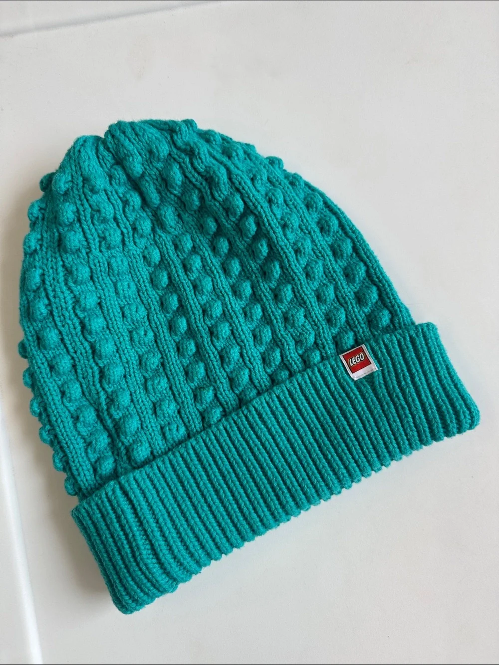 Kids Lego Brand Teal Knit Beanie with Yellow Brick Face Patch
